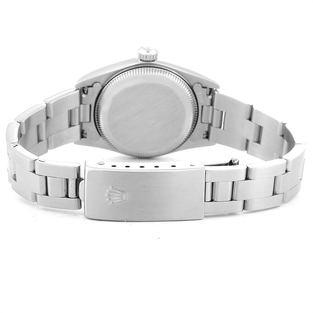 The image shows the back, crown, and bracelet of a Rolex Oyster Perpetual 76080 Women's Stainless Steel Pink Dial 76080 Women's Stainless Steel Pink Dial model.