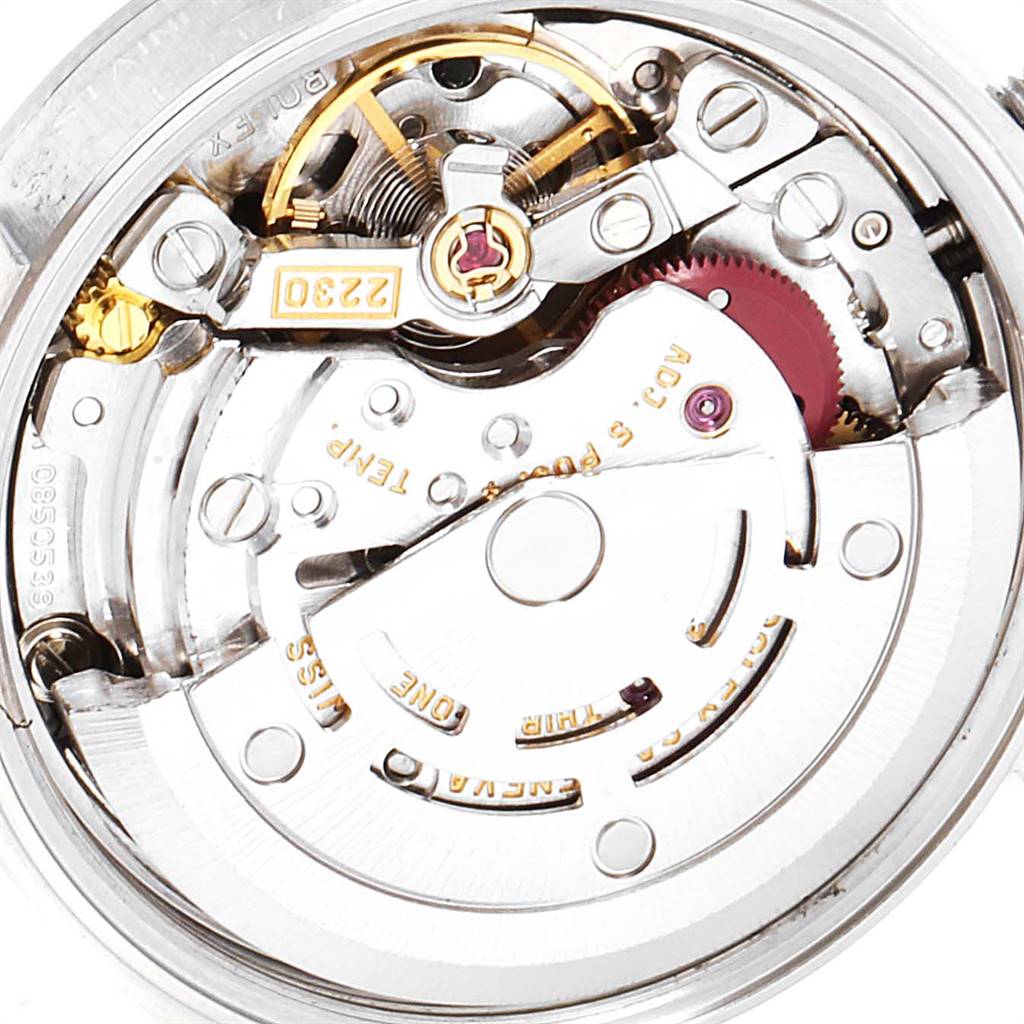 This image shows a close-up, top view of the internal mechanism of a Rolex Oyster Perpetual 76080 Women's Stainless Steel Black Dial 76080 Women's Stainless Steel Black Dial watch.