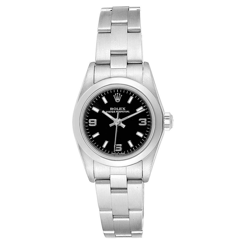 The image shows a front view of a Rolex Oyster Perpetual 76080 Women's Stainless Steel Black Dial 76080 Women's Stainless Steel Black Dial watch, displaying the black dial, stainless steel bezel, and bracelet.