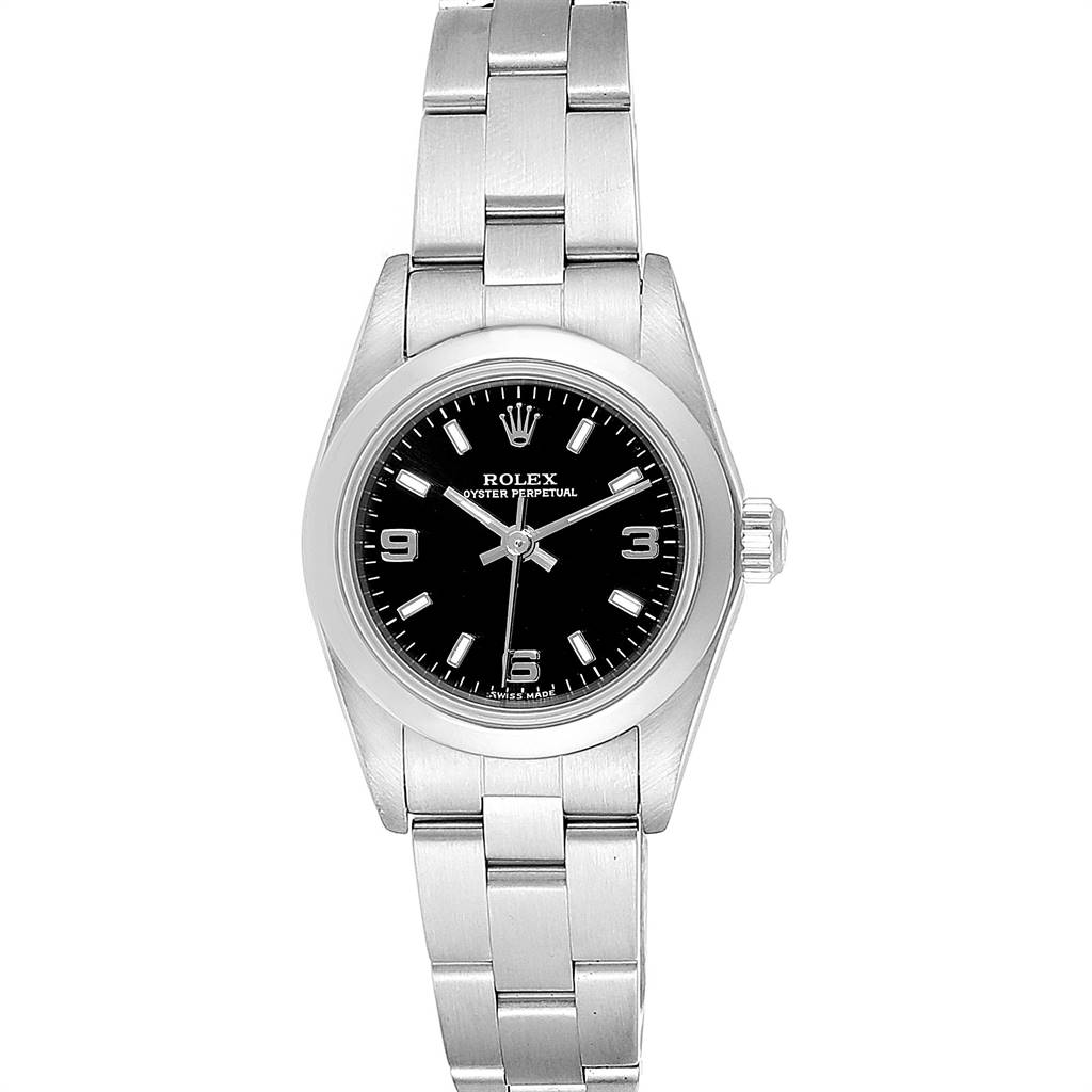 This Rolex Oyster Perpetual 76080 Women's Stainless Steel Black Dial 76080 Women's Stainless Steel Black Dial watch is shown from a front angle, displaying the dial, case, and part of the bracelet.