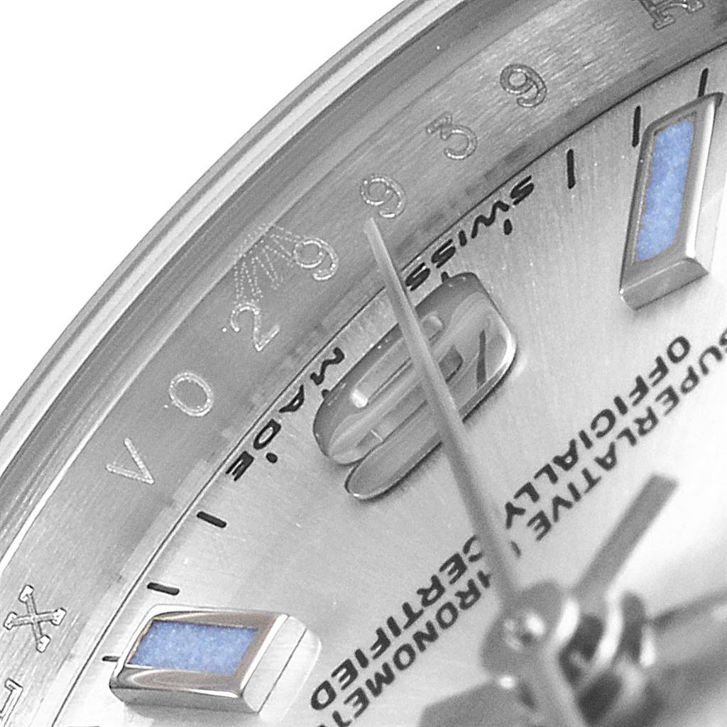 The image shows a close-up of the dial and part of the bezel of a Rolex Oyster Perpetual 176234 Women's Stainless Steel Silver Dial 176234 Women's Stainless Steel Silver Dial watch, highlighting its hour markers and text detailing.