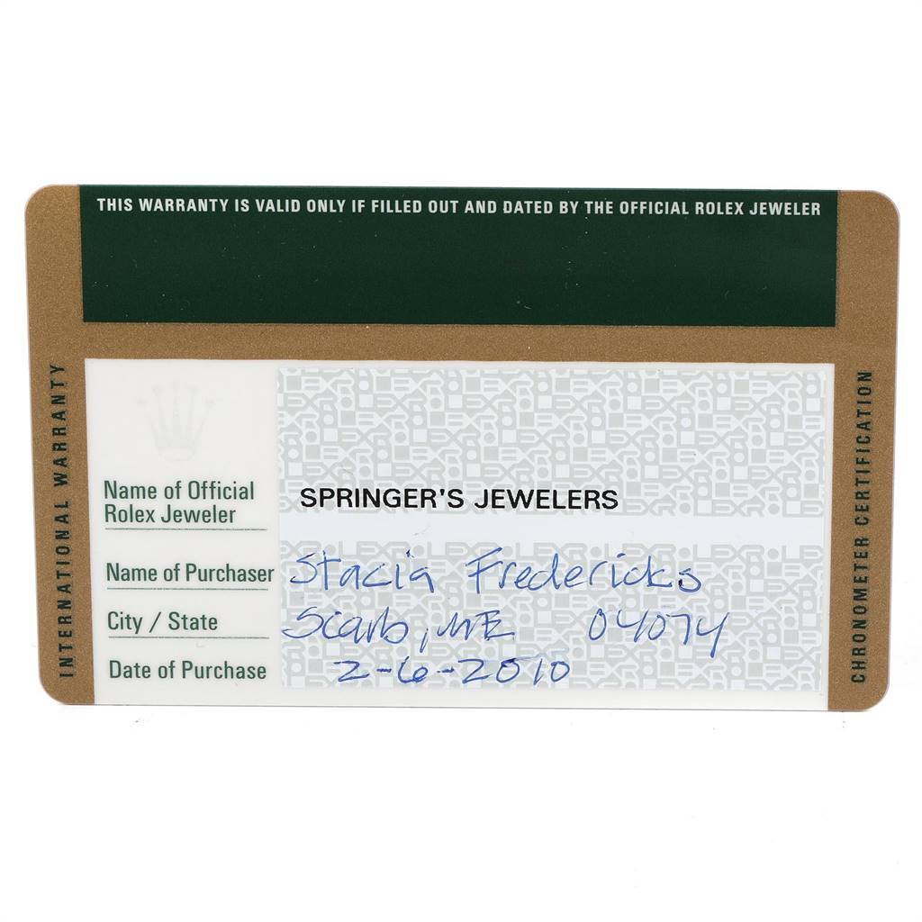 This image shows the official warranty card for a Rolex Oyster Perpetual 176234 Women's Stainless Steel Silver Dial 176234 Women's Stainless Steel Silver Dial watch.