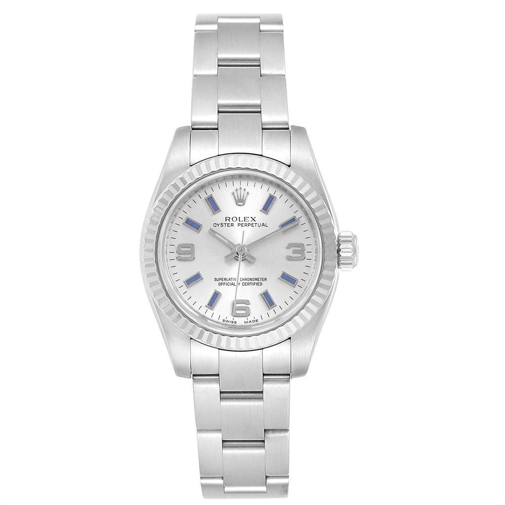 This is a front view of the Rolex Oyster Perpetual 176234 Women's Stainless Steel Silver Dial 176234 Women's Stainless Steel Silver Dial watch, showing the full face, bezel, and bracelet.