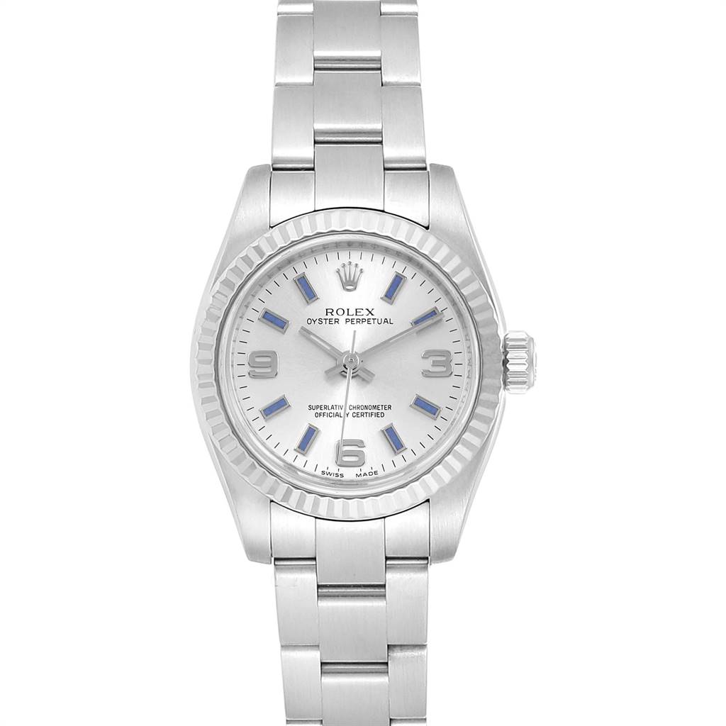 This image shows a front view of the Rolex Oyster Perpetual 176234 Women's Stainless Steel Silver Dial 176234 Women's Stainless Steel Silver Dial watch, displaying the dial, hands, bezel, crown, and bracelet.