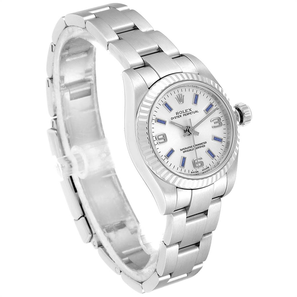 The image shows a side view of the Rolex Oyster Perpetual 176234 Women's Stainless Steel Silver Dial 176234 Women's Stainless Steel Silver Dial watch, highlighting the dial, bezel, and bracelet.