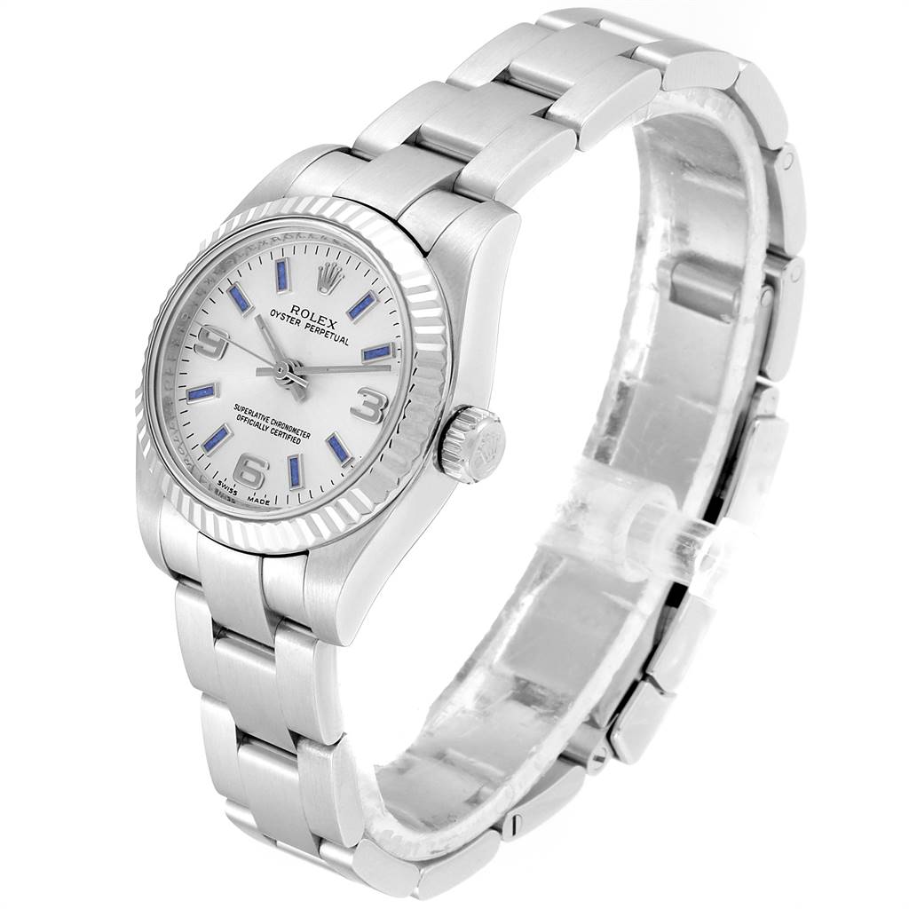 This image shows the front and side view of a Rolex Oyster Perpetual 176234 Women's Stainless Steel Silver Dial 176234 Women's Stainless Steel Silver Dial watch, featuring the dial, case, crown, and bracelet.