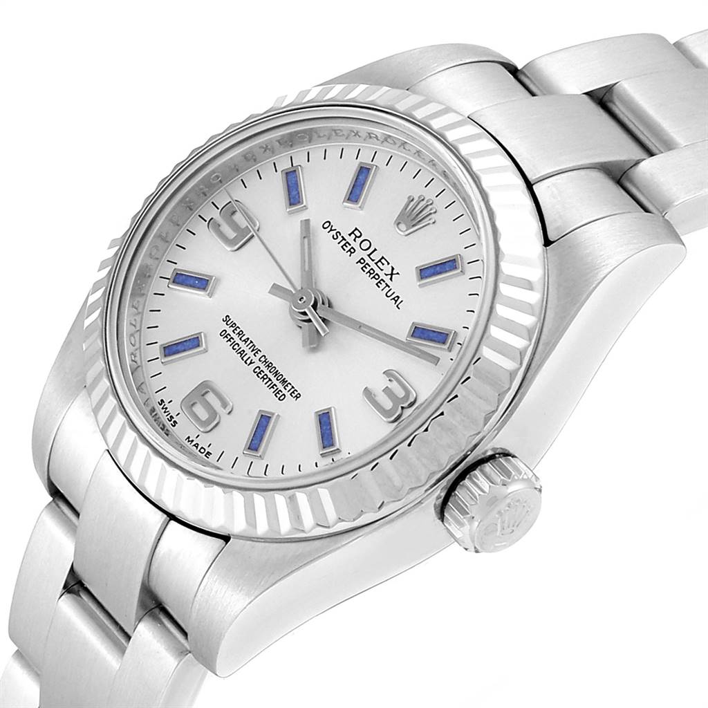 The image shows a close-up of a Rolex Oyster Perpetual 176234 Women's Stainless Steel Silver Dial 176234 Women's Stainless Steel Silver Dial watch, displaying the dial, crown, and part of the bracelet.