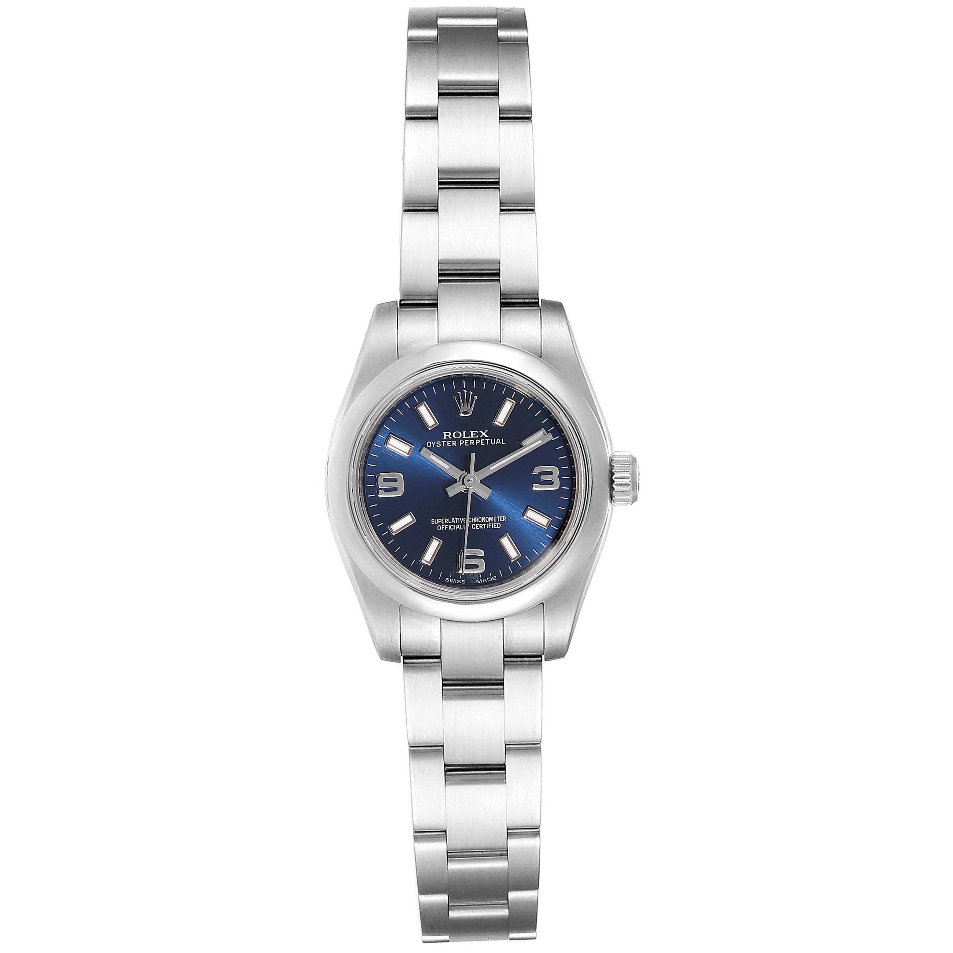 This image shows a front view of the Rolex Oyster Perpetual 176200 Women's Stainless Steel Blue Dial 176200 Women's Stainless Steel Blue Dial watch, including its bracelet and blue dial.