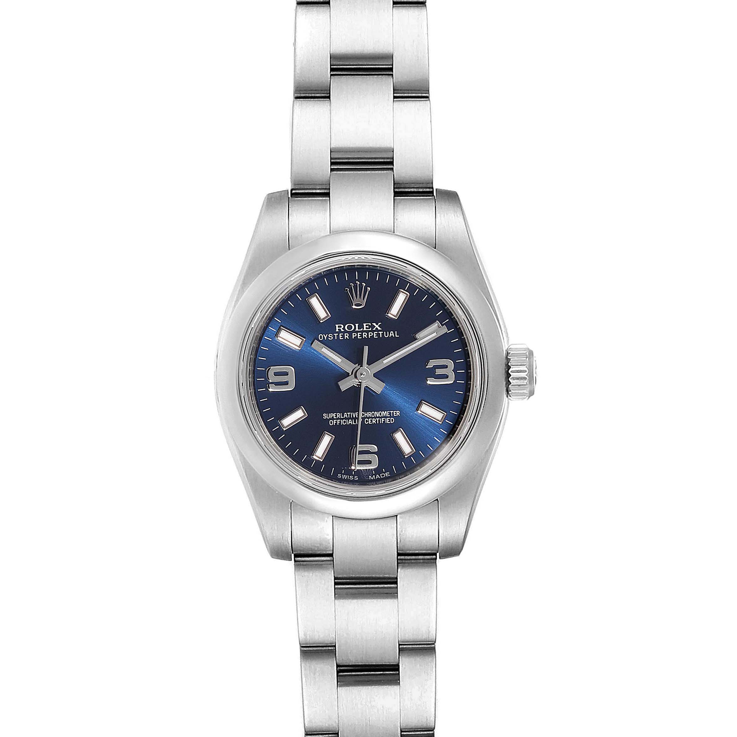 This is a front view of a Rolex Oyster Perpetual 176200 Women's Stainless Steel Blue Dial 176200 Women's Stainless Steel Blue Dial watch, showing the entire face and bracelet.