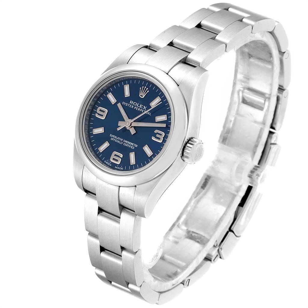 This image shows a Rolex Oyster Perpetual 176200 Women's Stainless Steel Blue Dial 176200 Women's Stainless Steel Blue Dial watch from a 3/4 front angle, displaying the dial, case, bracelet, and crown.