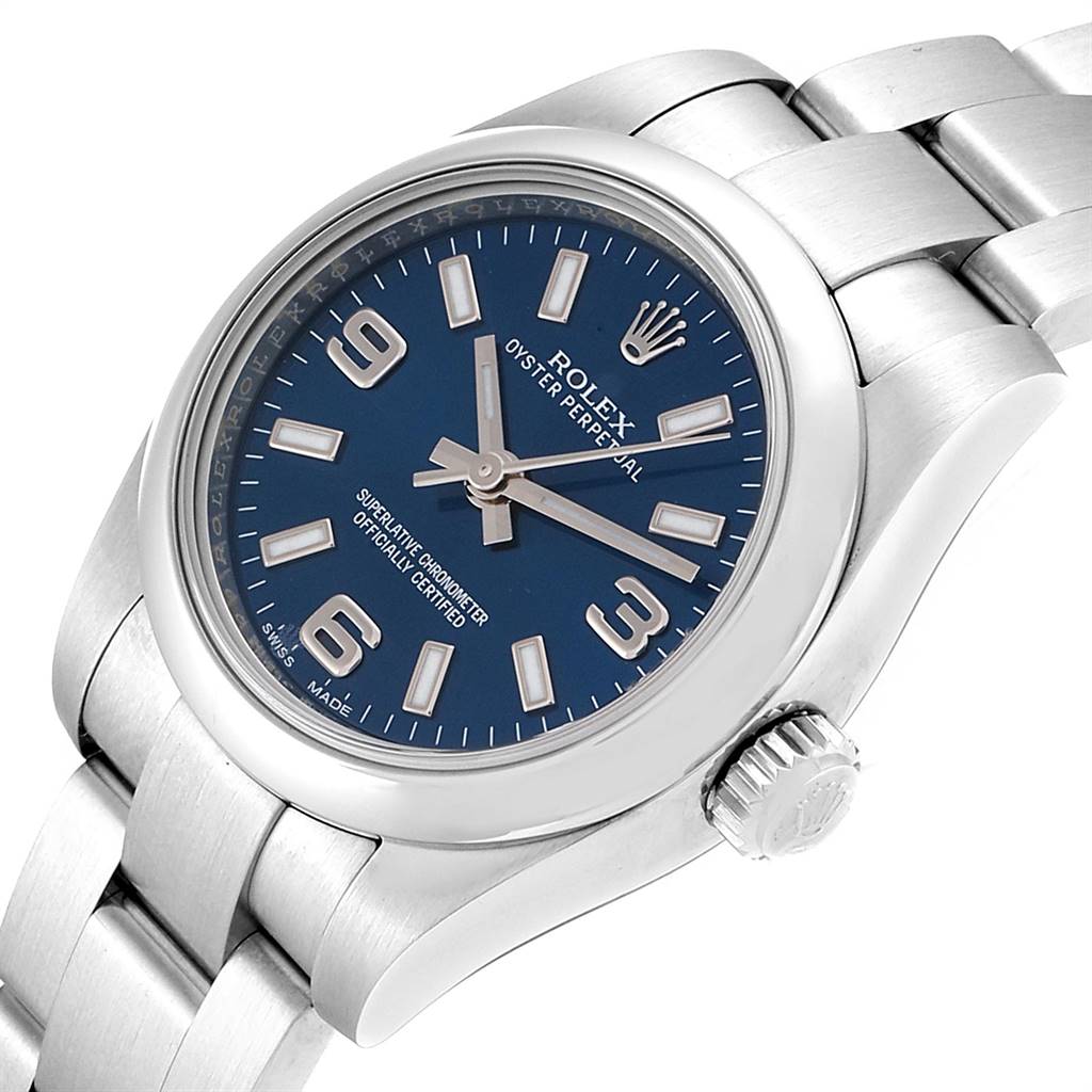 The image shows a Rolex Oyster Perpetual 176200 Women's Stainless Steel Blue Dial 176200 Women's Stainless Steel Blue Dial watch at a slight angle, highlighting the blue dial, crown, and part of the metal strap.