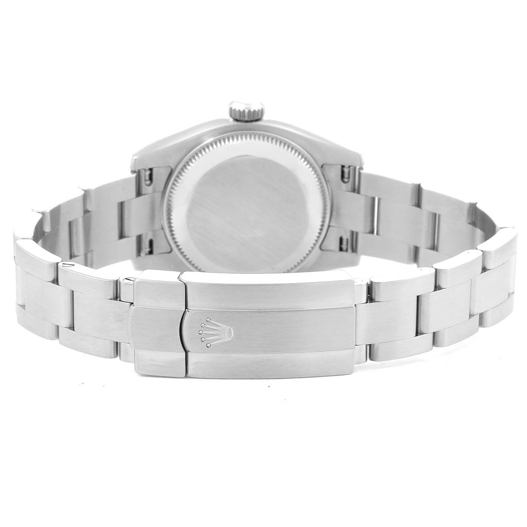 The image shows the back view of a Rolex Oyster Perpetual 176200 Women's Stainless Steel Blue Dial 176200 Women's Stainless Steel Blue Dial watch, highlighting the clasp and bracelet.