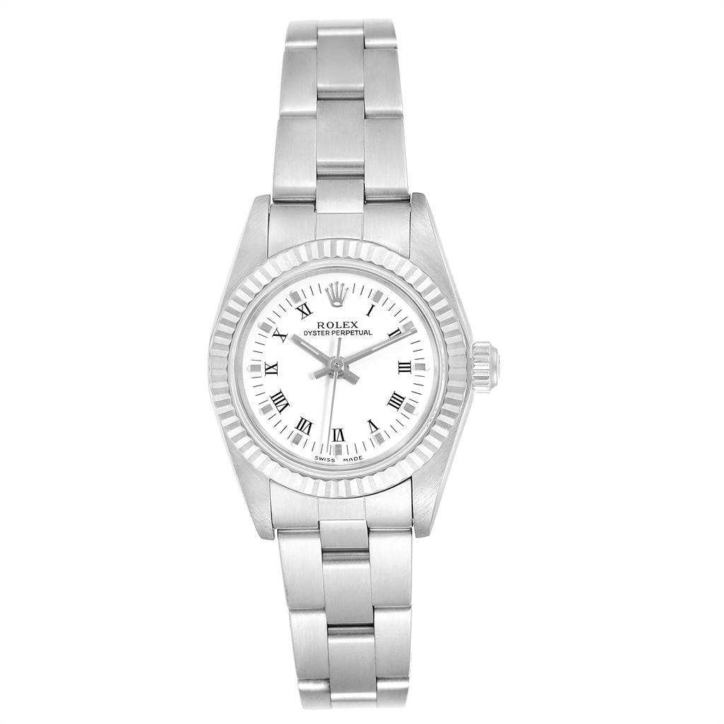 The Rolex Oyster Perpetual 76094 Women
s Stainless Steel White Dial 76094 Women
s Stainless Steel White Dial watch is shown from a straight-on angle, displaying its face, bezel, and bracelet.