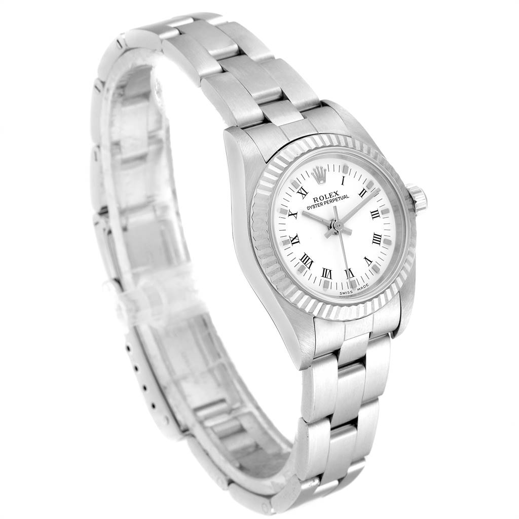 The image shows a side angle of a Rolex Oyster Perpetual 76094 Women
s Stainless Steel White Dial 76094 Women
s Stainless Steel White Dial watch, highlighting its bracelet, bezel, dial, and crown.