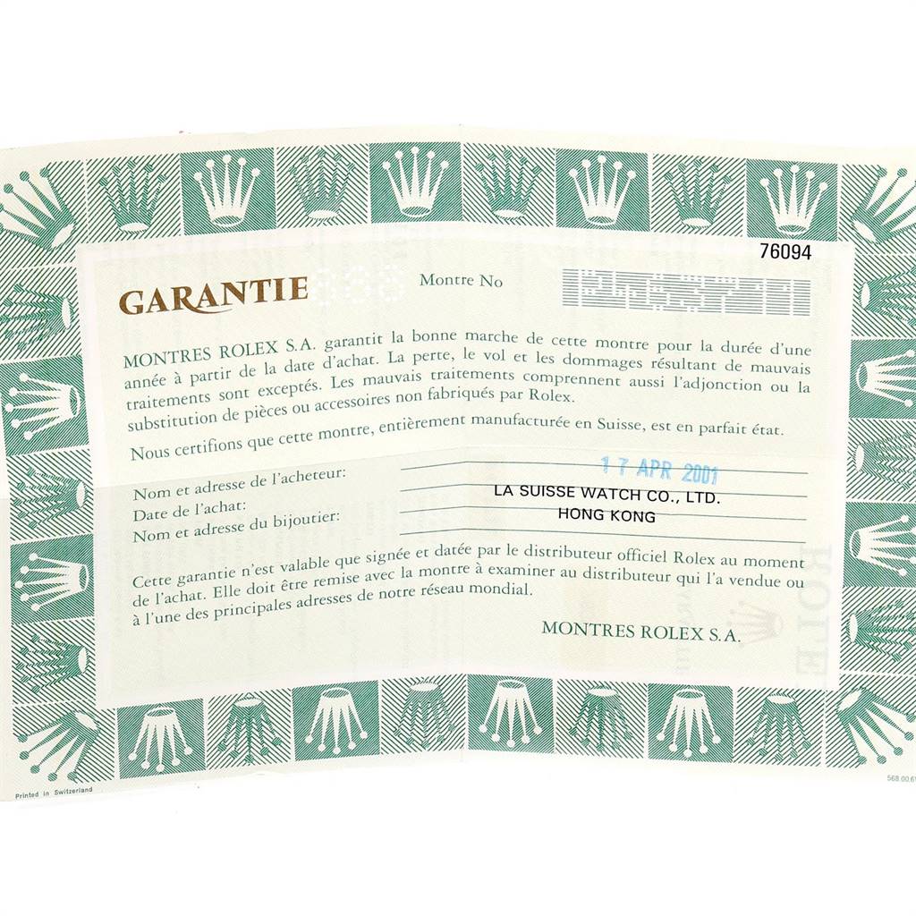 The image shows a warranty certificate for a Rolex Oyster Perpetual 76094 Women
s Stainless Steel White Dial 76094 Women
s Stainless Steel White Dial watch.