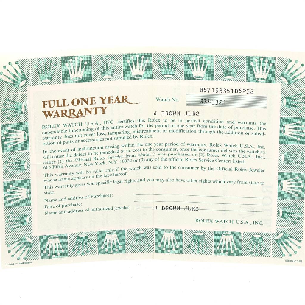 This image shows a full one-year warranty certificate for the Rolex Oyster Perpetual 67193 Women
s Steel and Gold (two tone) White Dial 67193 Women
s Steel and Gold (two tone) White Dial model.