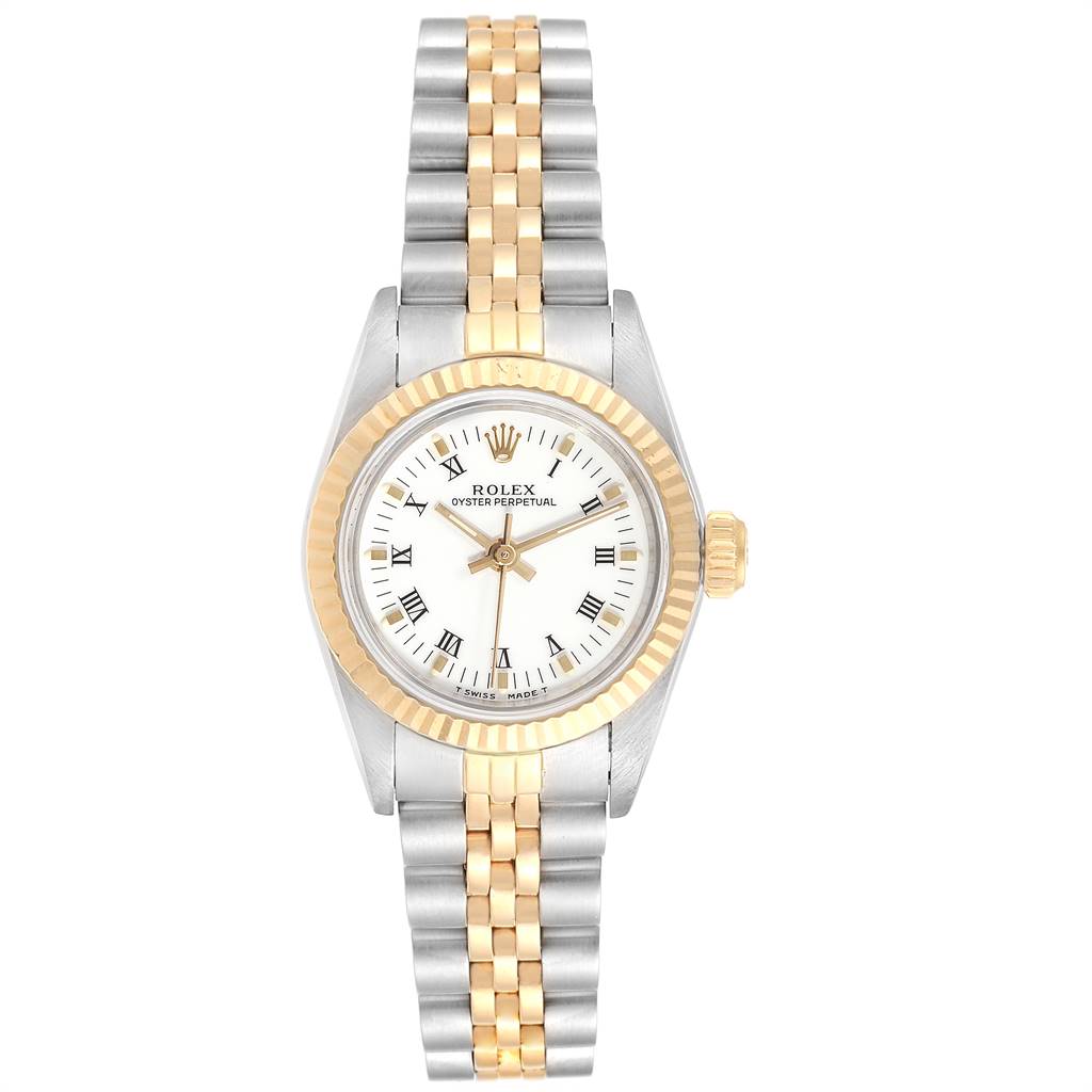 The image shows a Rolex Oyster Perpetual 67193 Women
s Steel and Gold (two tone) White Dial 67193 Women
s Steel and Gold (two tone) White Dial watch from a top view, highlighting its gold and stainless steel bracelet and bezel.