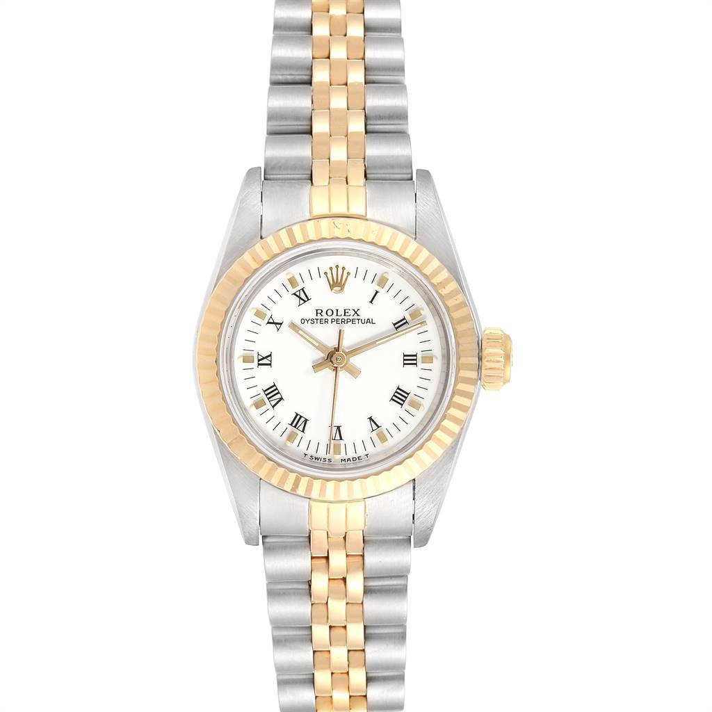 The image shows a front view of the Rolex Oyster Perpetual 67193 Women
s Steel and Gold (two tone) White Dial 67193 Women
s Steel and Gold (two tone) White Dial watch, highlighting its face, bezel, and two-tone bracelet.