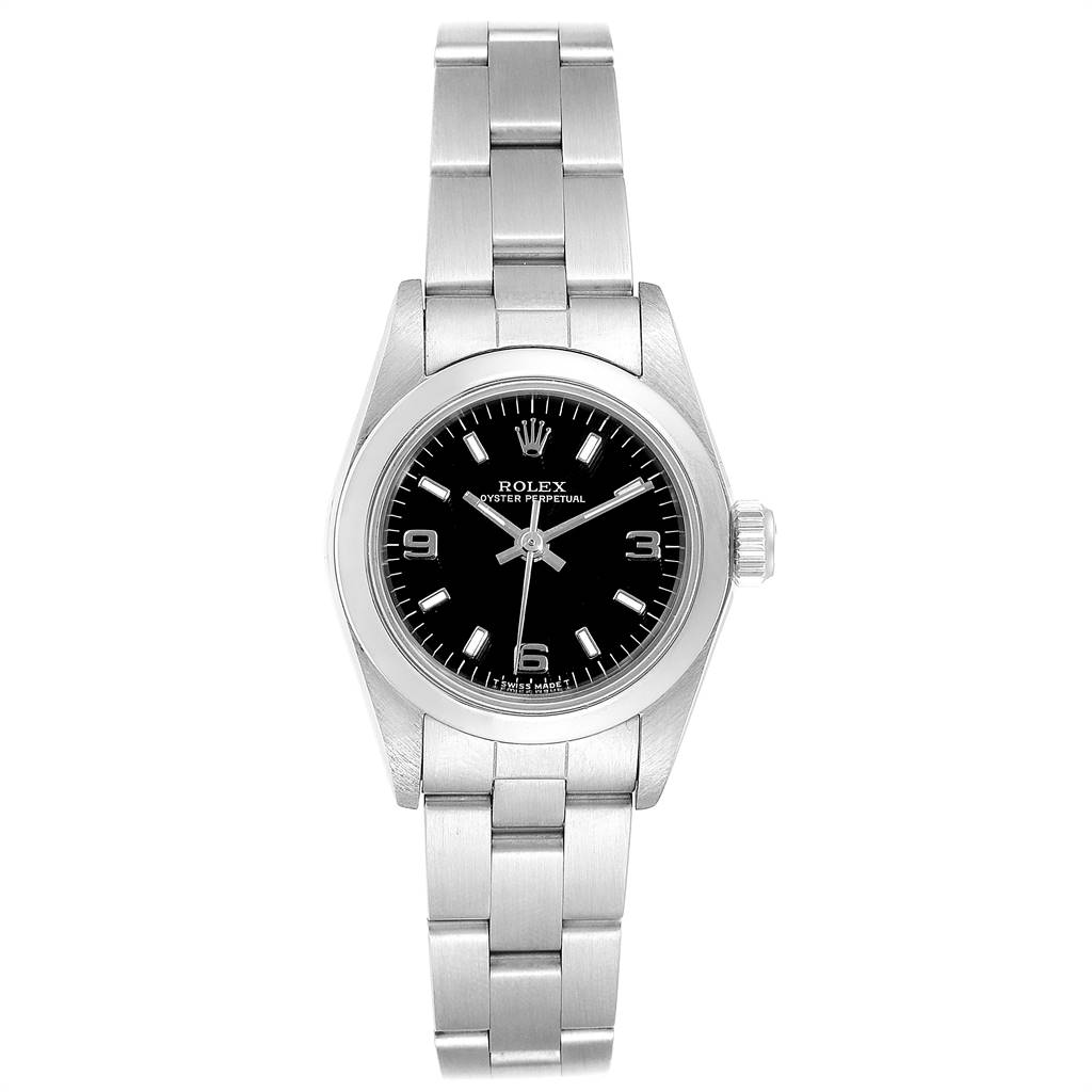 The Rolex Oyster Perpetual 67180 Women's Stainless Steel Black Dial 67180 Women's Stainless Steel Black Dial watch is shown from a front-facing angle, displaying its face, bezel, and bracelet.
