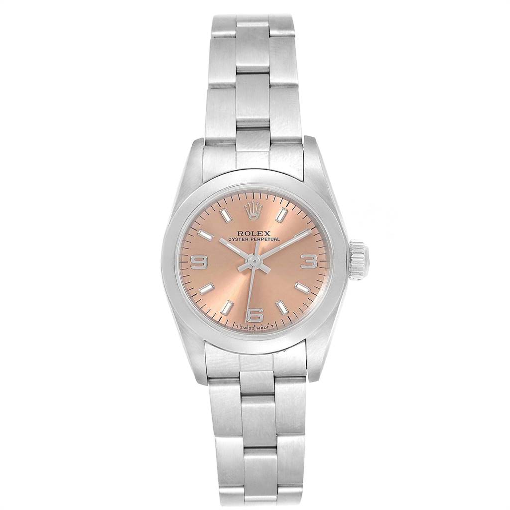 This image shows a front view of a Rolex Oyster Perpetual 67180 Women's Stainless Steel Pink Dial 67180 Women's Stainless Steel Pink Dial watch, highlighting its pink dial, metallic bracelet, and brand logo.