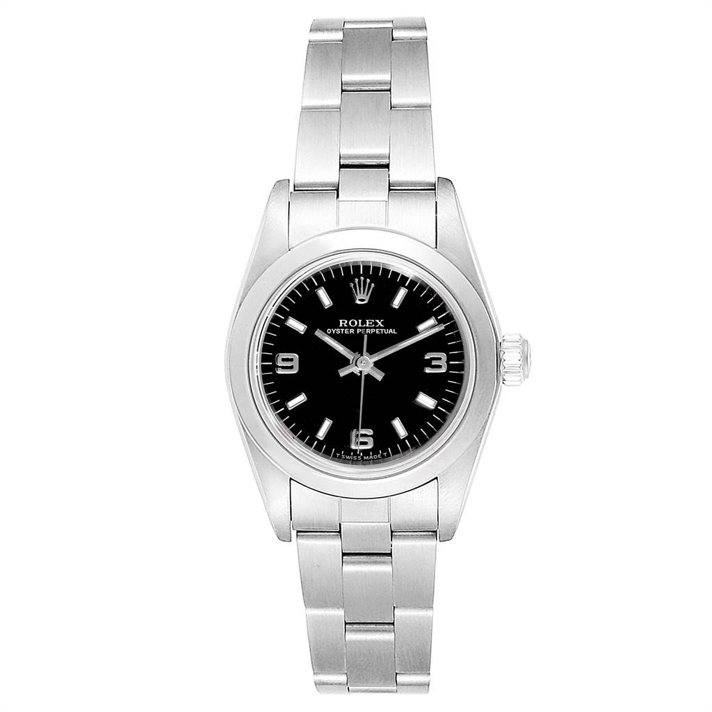 This Rolex Oyster Perpetual 76080 Women's Stainless Steel Black Dial 76080 Women's Stainless Steel Black Dial watch is shown from the front, displaying the dial, case, and bracelet.