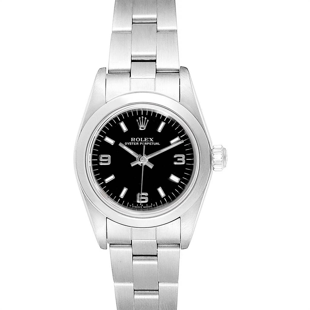 The Rolex Oyster Perpetual 76080 Women's Stainless Steel Black Dial 76080 Women's Stainless Steel Black Dial watch is shown from a top-down angle, displaying the face, bezel, crown, and bracelet.