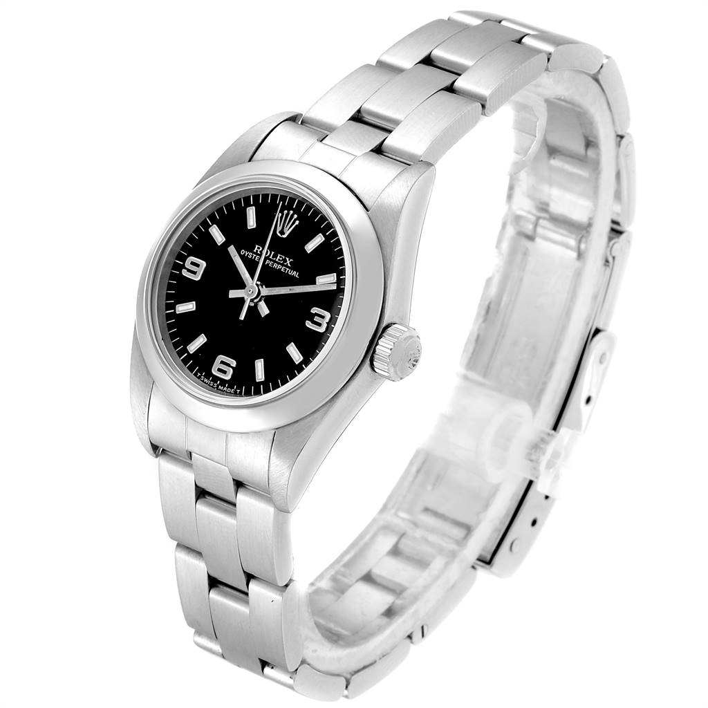This image shows a Rolex Oyster Perpetual 76080 Women's Stainless Steel Black Dial 76080 Women's Stainless Steel Black Dial watch from a three-quarter angle, highlighting the face, bezel, crown, and bracelet.