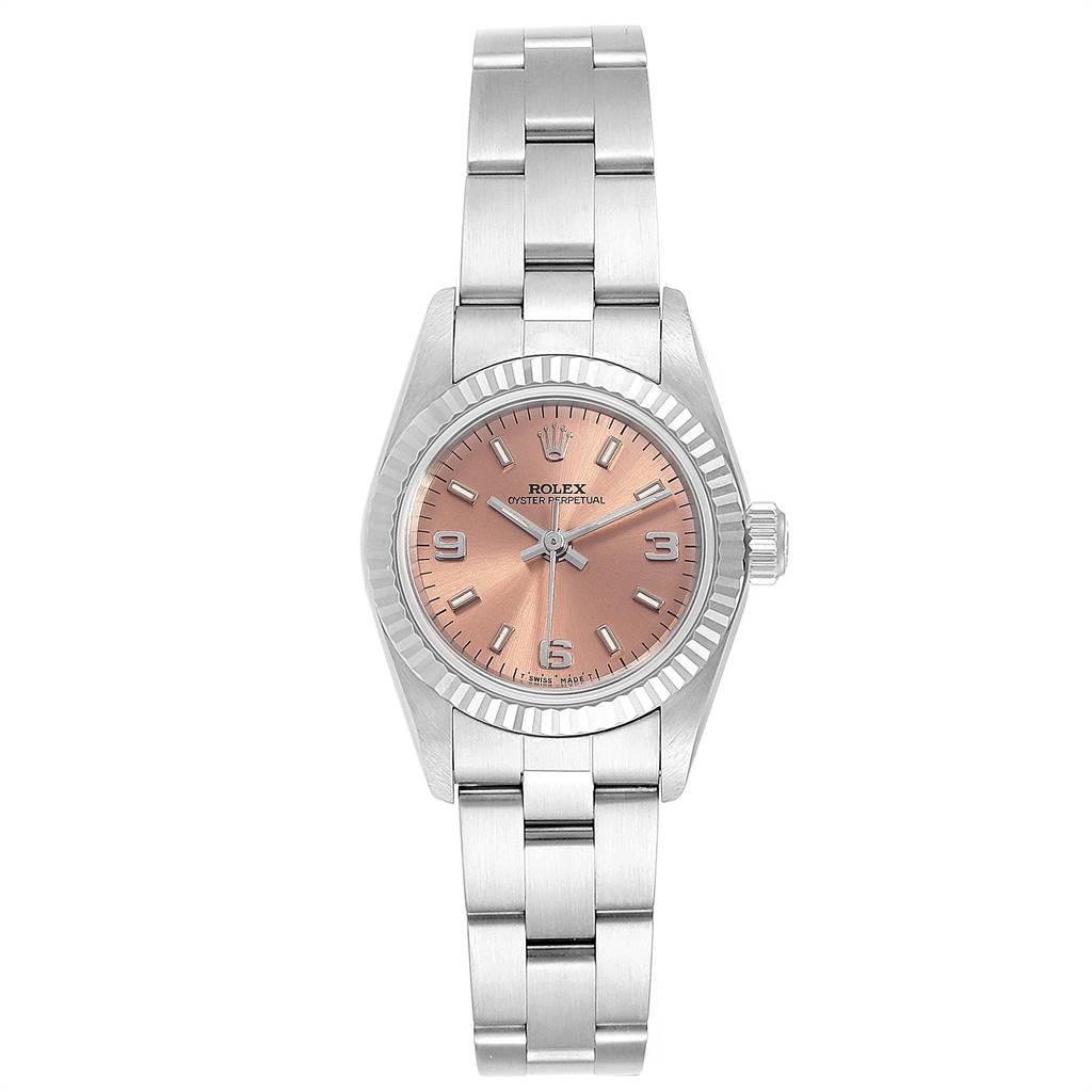 This image shows a front view of a Rolex Oyster Perpetual 67194 Women's Stainless Steel Pink Dial 67194 Women's Stainless Steel Pink Dial watch with a stainless steel bracelet and a rose gold dial.