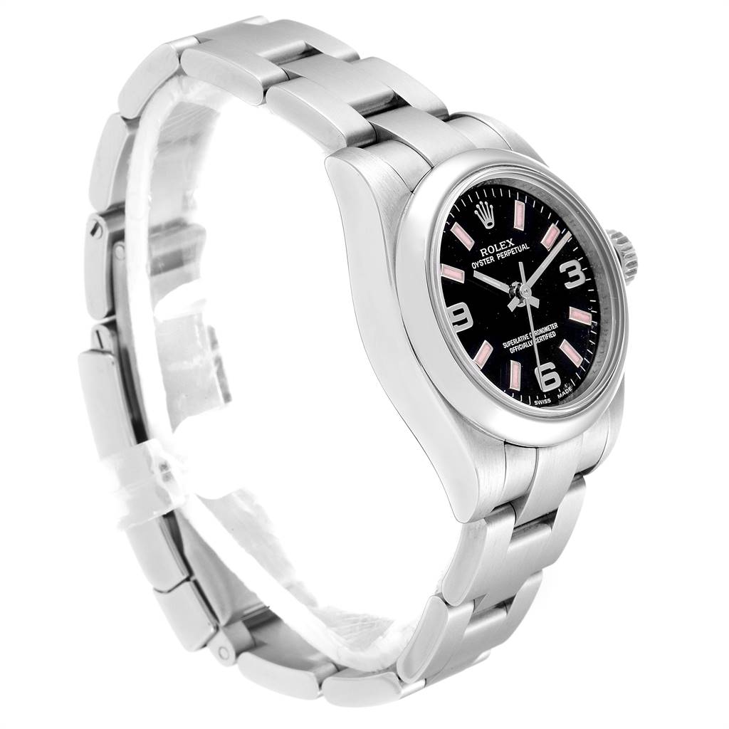 This Rolex Oyster Perpetual 176200 Women's Stainless Steel Black Dial 176200 Women's Stainless Steel Black Dial watch is shown from a side angle, highlighting its band and the face.