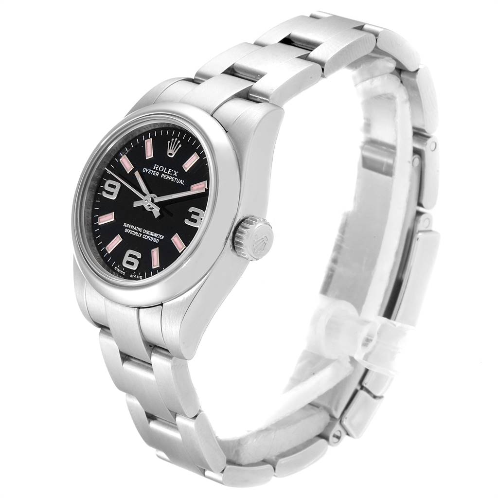 The image shows a Rolex Oyster Perpetual 176200 Women's Stainless Steel Black Dial 176200 Women's Stainless Steel Black Dial watch at a slightly angled side view, highlighting its face, crown, and bracelet.