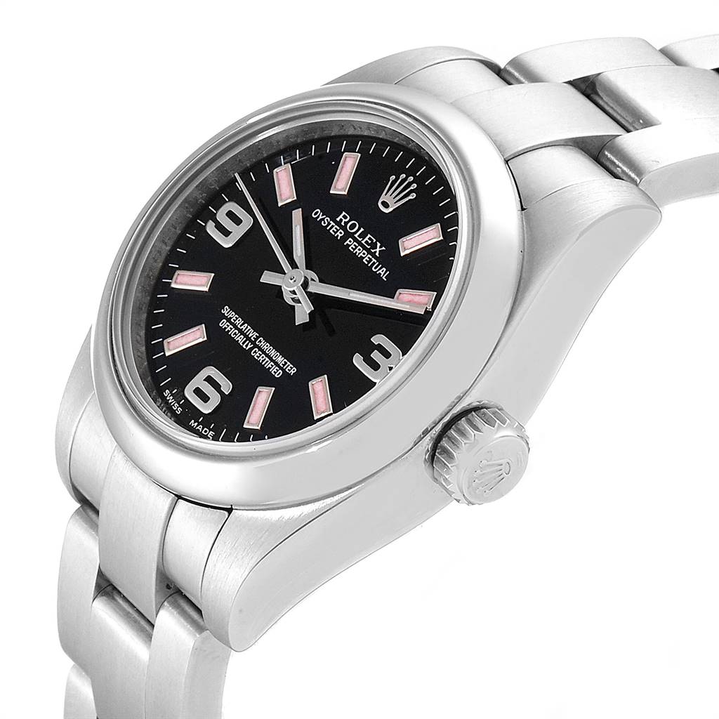 The image shows a side view of the Rolex Oyster Perpetual 176200 Women's Stainless Steel Black Dial 176200 Women's Stainless Steel Black Dial watch highlighting its dial, crown, and bracelet.