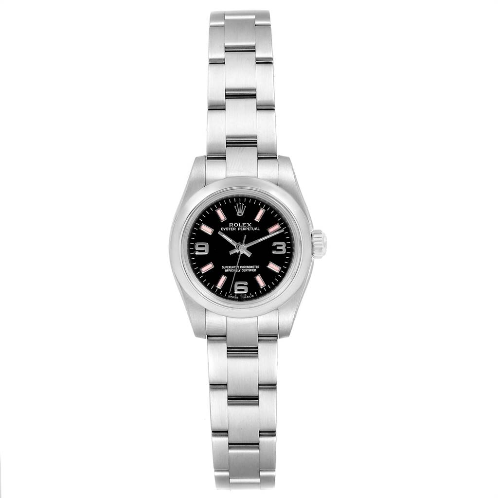 The image shows a front view of a Rolex Oyster Perpetual 176200 Women's Stainless Steel Black Dial 176200 Women's Stainless Steel Black Dial watch, displaying the face, bezel, crown, and bracelet.