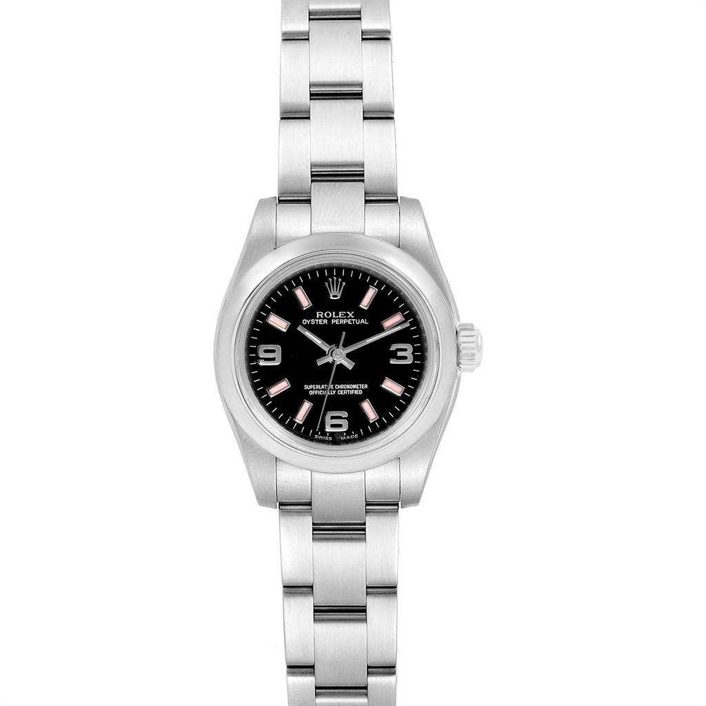 This image shows the front view of a Rolex Oyster Perpetual 176200 Women's Stainless Steel Black Dial 176200 Women's Stainless Steel Black Dial watch, featuring its black dial and stainless steel bracelet.