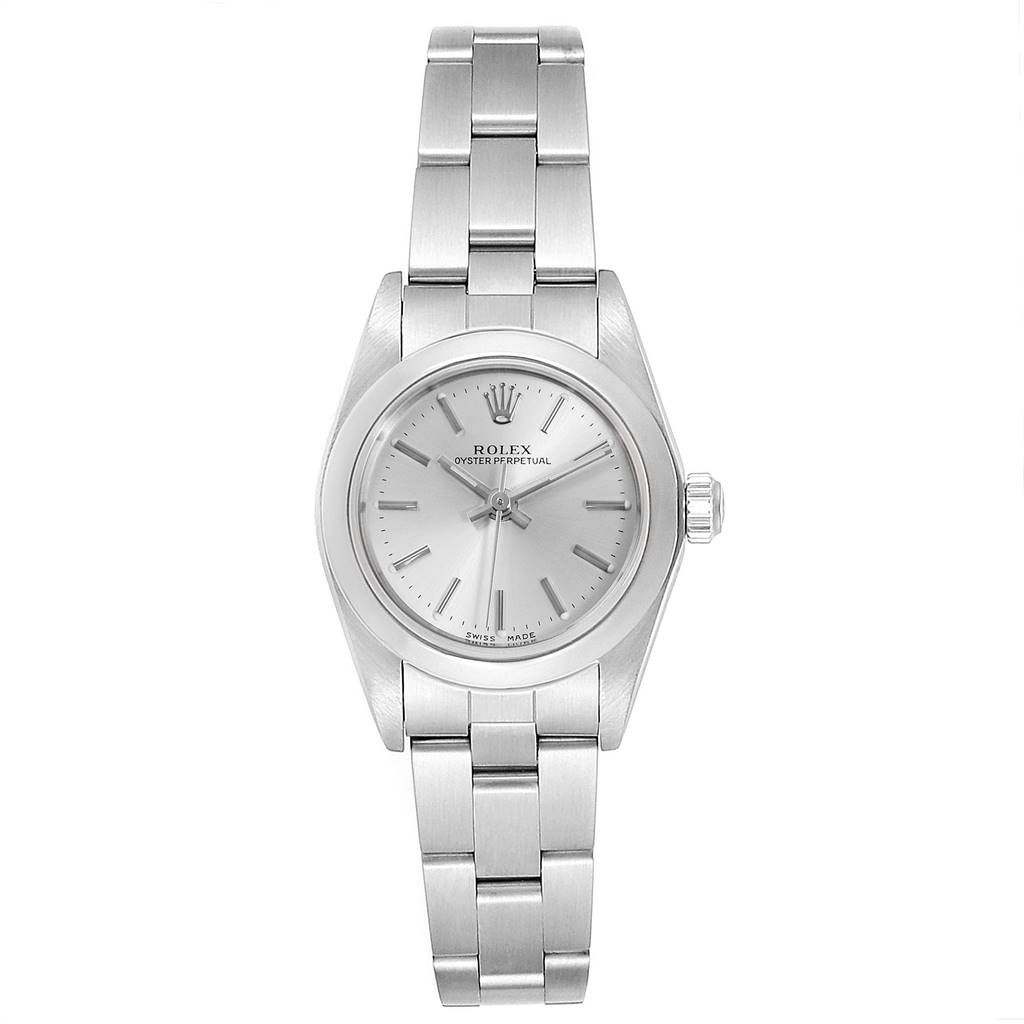 The image shows a silver Rolex Oyster Perpetual 76080 Women's Stainless Steel Silver Dial 76080 Women's Stainless Steel Silver Dial watch from a straight-on angle, featuring its dial, bracelet, and crown.