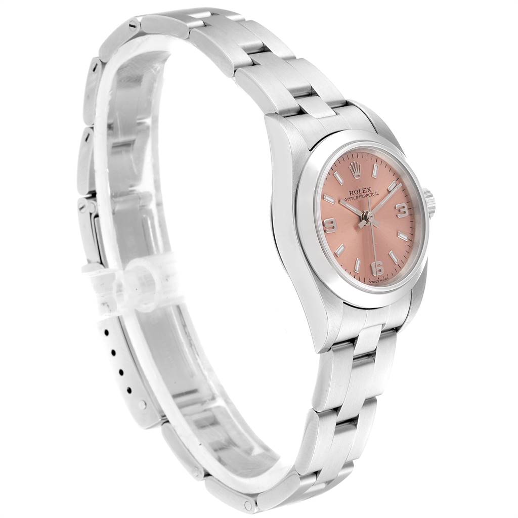 This image shows a Rolex Oyster Perpetual 67180 Women's Stainless Steel Pink Dial 67180 Women's Stainless Steel Pink Dial watch from a side angle, highlighting its pink dial and metal bracelet.