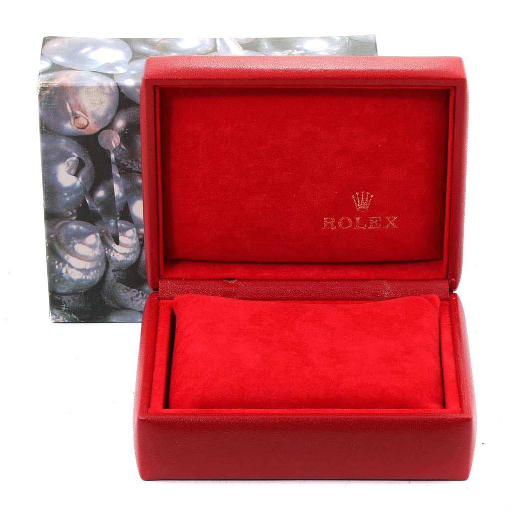 The image shows an open red watch box for a Rolex Oyster Perpetual 67180 Women's Stainless Steel Pink Dial 67180 Women's Stainless Steel Pink Dial, with the interior pillow and the Rolex logo visible.
