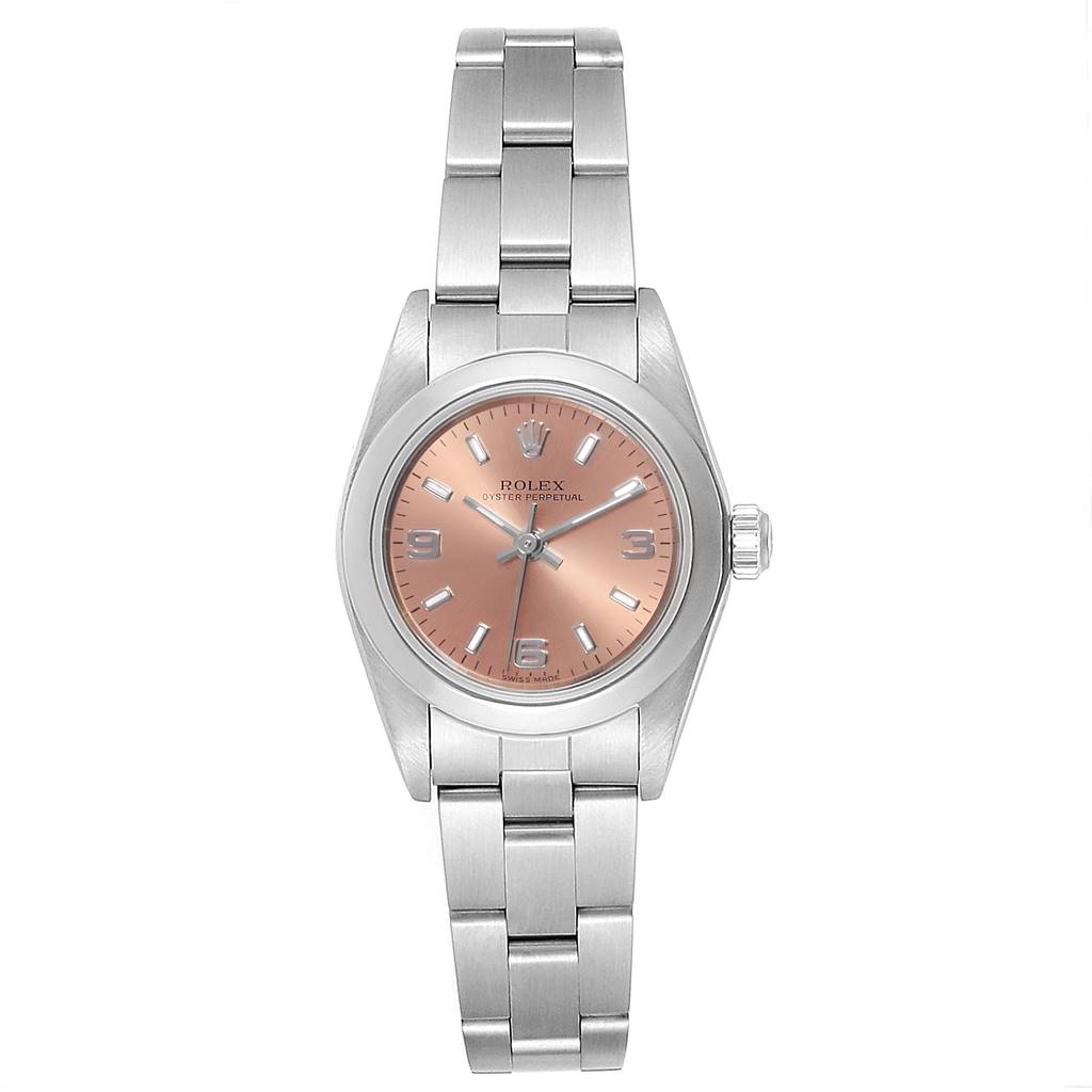 The image shows a front view of a Rolex Oyster Perpetual 67180 Women's Stainless Steel Pink Dial 67180 Women's Stainless Steel Pink Dial watch, displaying the watch face, case, and bracelet.