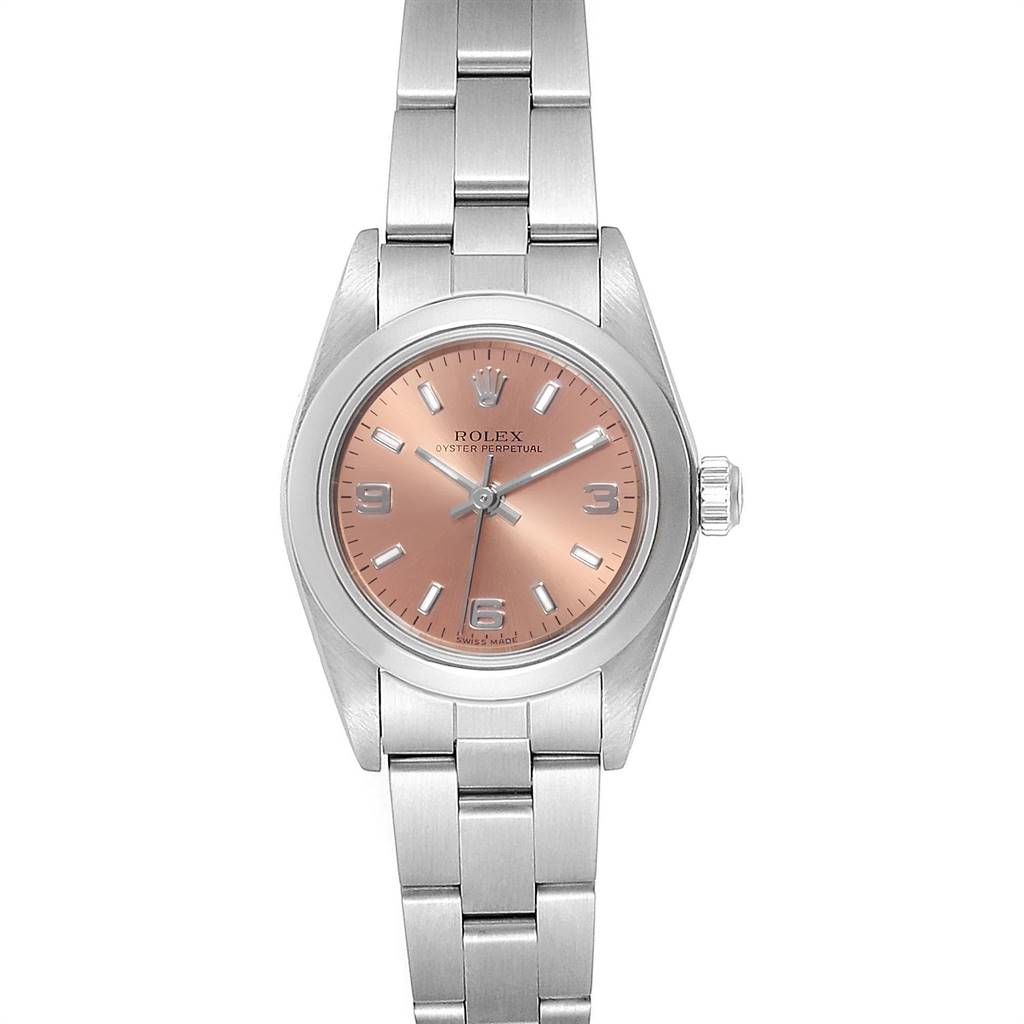 This Rolex Oyster Perpetual 67180 Women's Stainless Steel Pink Dial 67180 Women's Stainless Steel Pink Dial watch is shown from a top-down angle, highlighting the dial, bezel, bracelet, and crown.