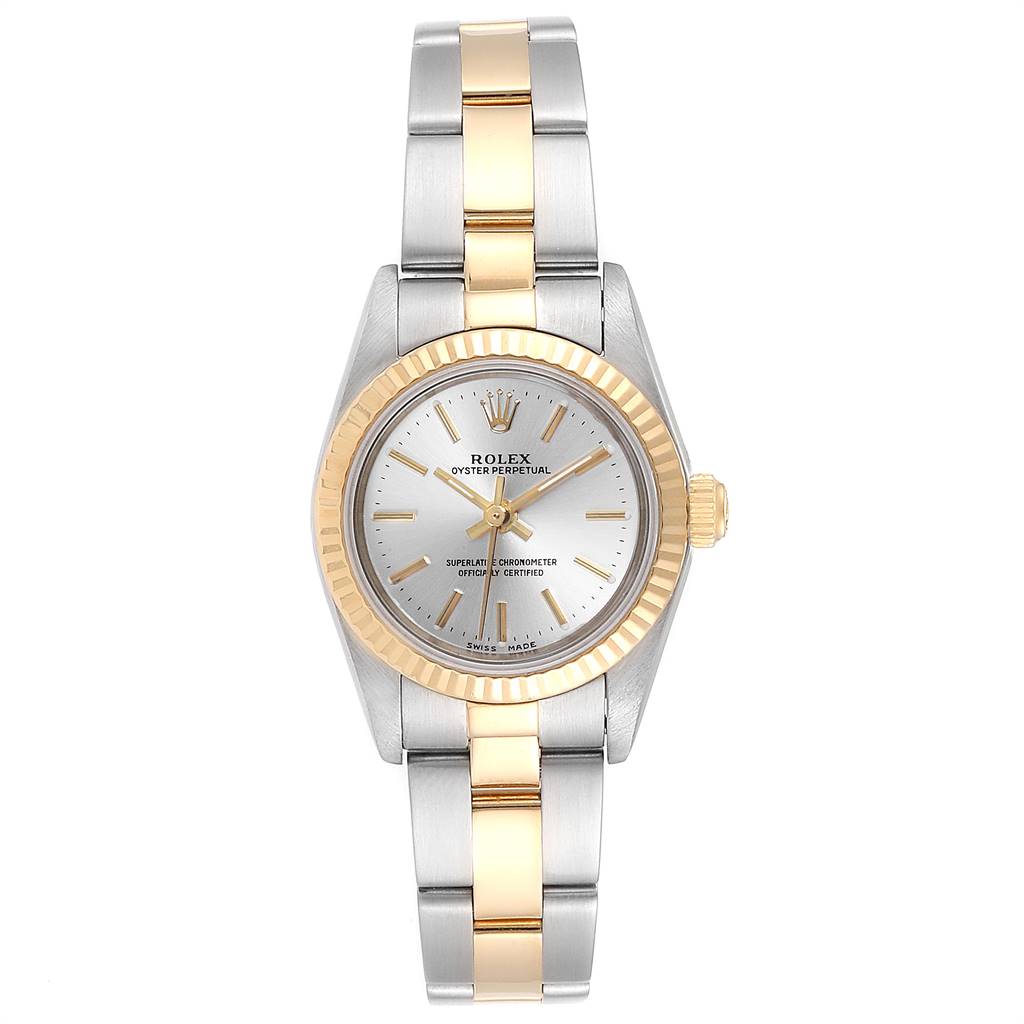 The Rolex Oyster Perpetual 76193 Women's Steel and Gold (two tone) Silver Dial 76193 Women's Steel and Gold (two tone) Silver Dial watch is shown from a top-down angle, displaying the face, bezel, and bracelet.