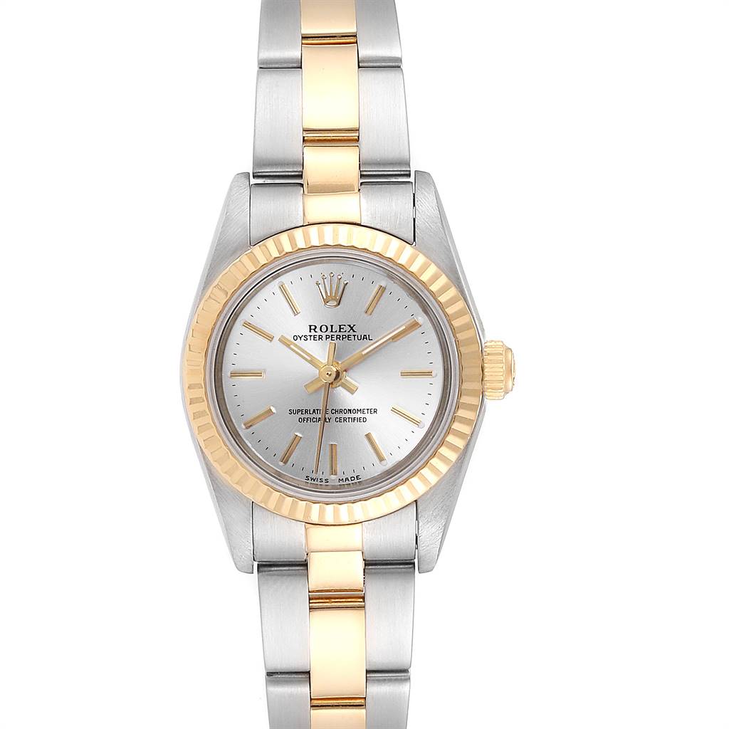 The Rolex Oyster Perpetual 76193 Women's Steel and Gold (two tone) Silver Dial 76193 Women's Steel and Gold (two tone) Silver Dial watch is shown from the front, displaying its dial, bezel, and bracelet.