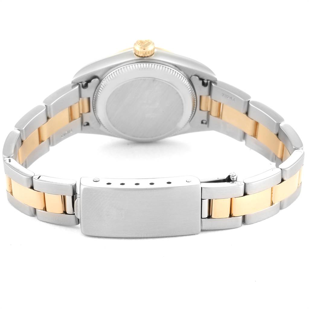 The image shows the back view of the Rolex Oyster Perpetual 76193 Women's Steel and Gold (two tone) Silver Dial 76193 Women's Steel and Gold (two tone) Silver Dial watch, focusing on the bracelet and clasp.