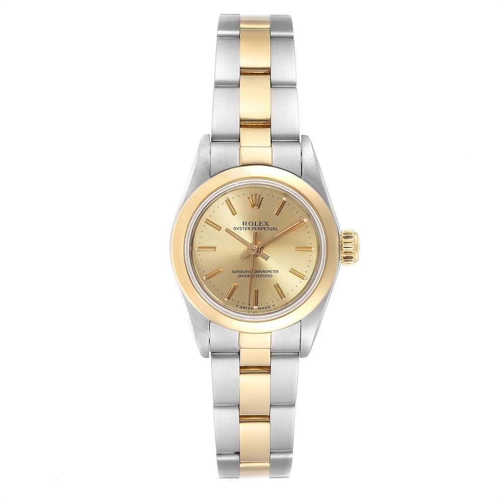 This Rolex Oyster Perpetual 67183 Women
s Steel and Gold (two tone) Champagne Dial 67183 Women
s Steel and Gold (two tone) Champagne Dial watch is shown from a front angle, highlighting the dial, bezel, and bracelet.
