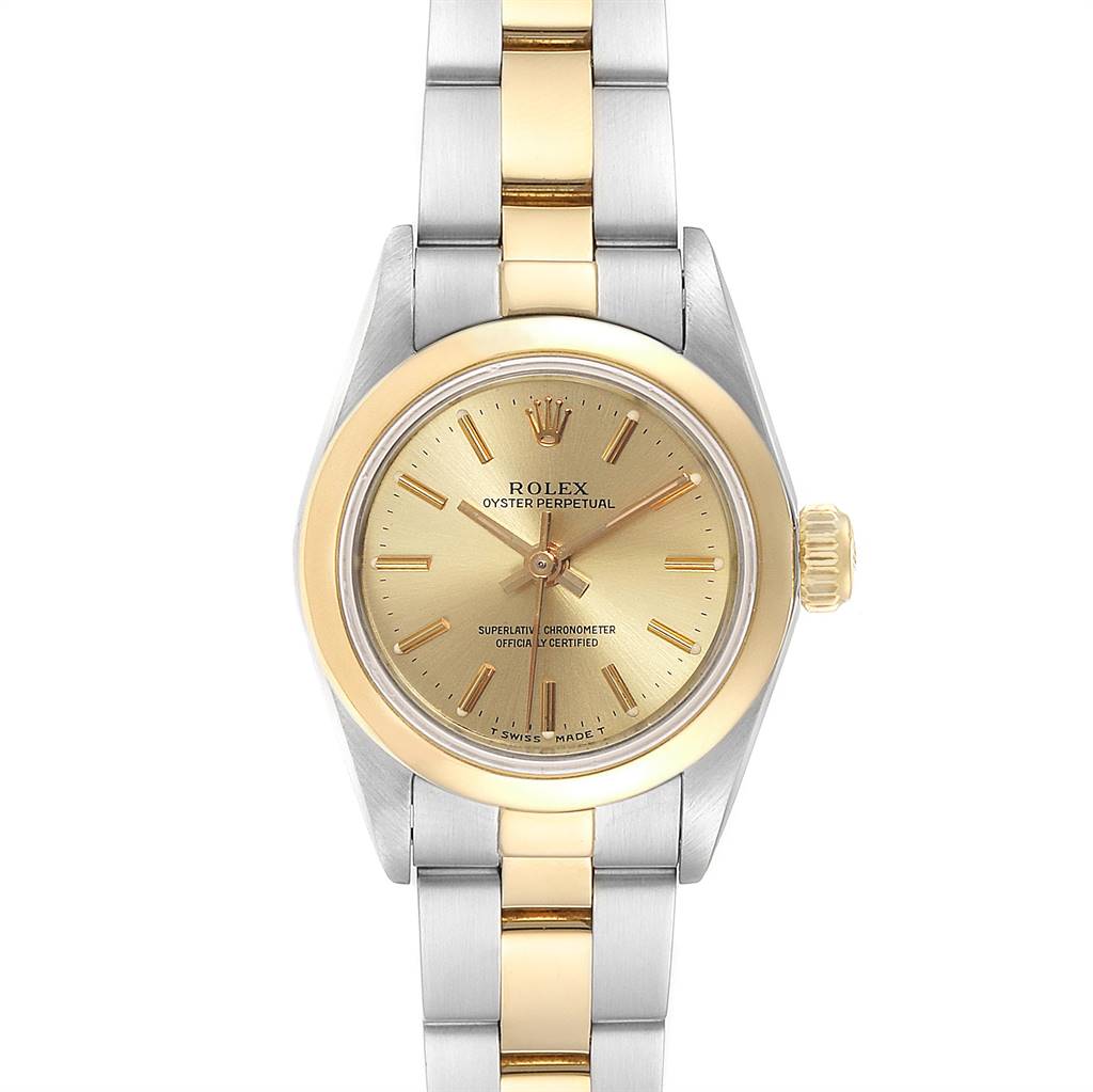 The image shows a front view of a Rolex Oyster Perpetual 67183 Women
s Steel and Gold (two tone) Champagne Dial 67183 Women
s Steel and Gold (two tone) Champagne Dial watch, highlighting its dial, bezel, and bracelet.
