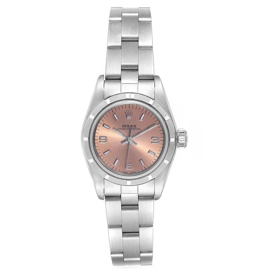 This is a front view of a Rolex Oyster Perpetual 67230 Women's Stainless Steel Pink Dial 67230 Women's Stainless Steel Pink Dial showing the full watch, including the dial, bezel, case, and bracelet.