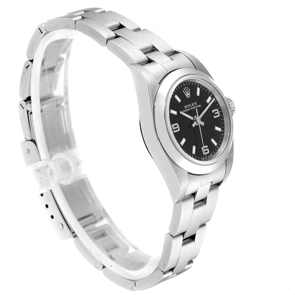 This image shows a side and partial top view of the Rolex Oyster Perpetual 76080 Women's Stainless Steel Black Dial 76080 Women's Stainless Steel Black Dial watch, highlighting the bracelet, bezel, and dial.