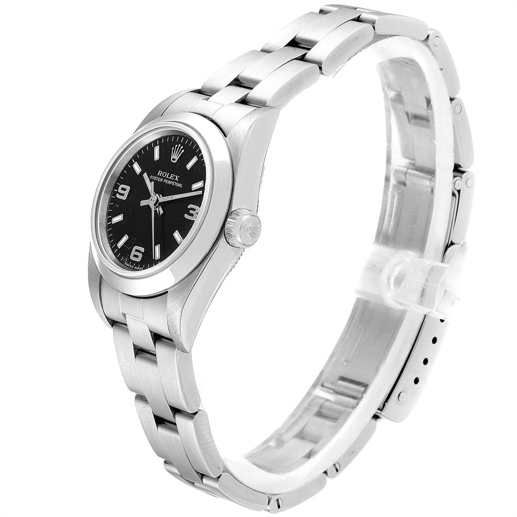 This image shows a side view of the Rolex Oyster Perpetual 76080 Women's Stainless Steel Black Dial 76080 Women's Stainless Steel Black Dial watch, highlighting its bracelet, case, and crown.