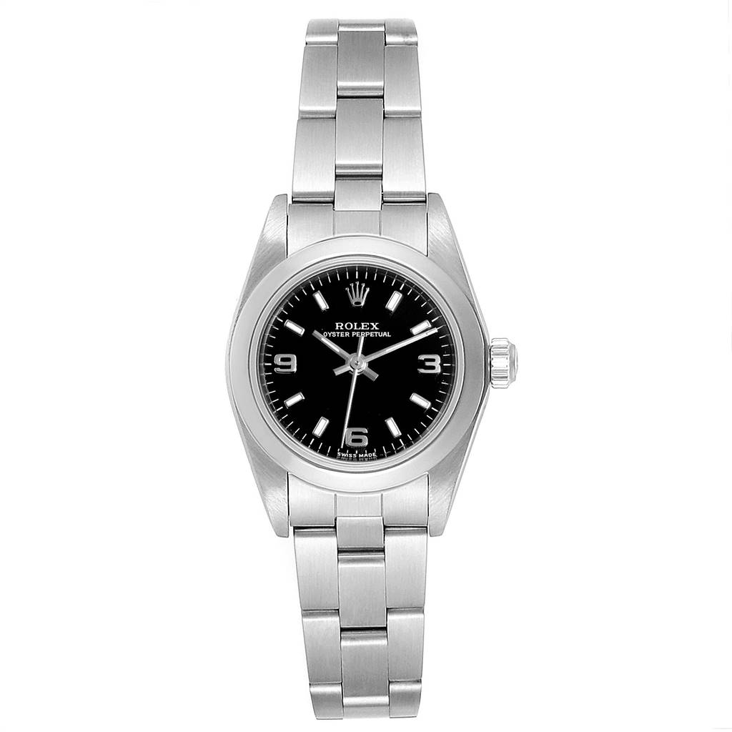 The image shows a front view of a Rolex Oyster Perpetual 76080 Women's Stainless Steel Black Dial 76080 Women's Stainless Steel Black Dial watch, highlighting its dial, case, bracelet, and crown.