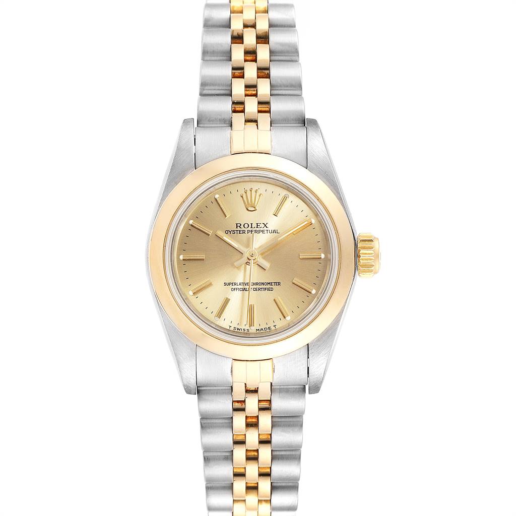 This image shows a front view of the Rolex Oyster Perpetual 67183 Women
s Steel and Gold (two tone) Champagne Dial 67183 Women
s Steel and Gold (two tone) Champagne Dial watch, featuring a two-tone bracelet and a gold dial.