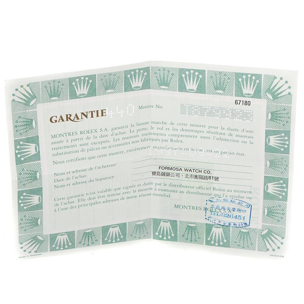 The image shows a warranty certificate for the Rolex Oyster Perpetual 67180 Women's Stainless Steel Silver Dial 67180 Women's Stainless Steel Silver Dial model, featuring the Rolex logo and warranty details.