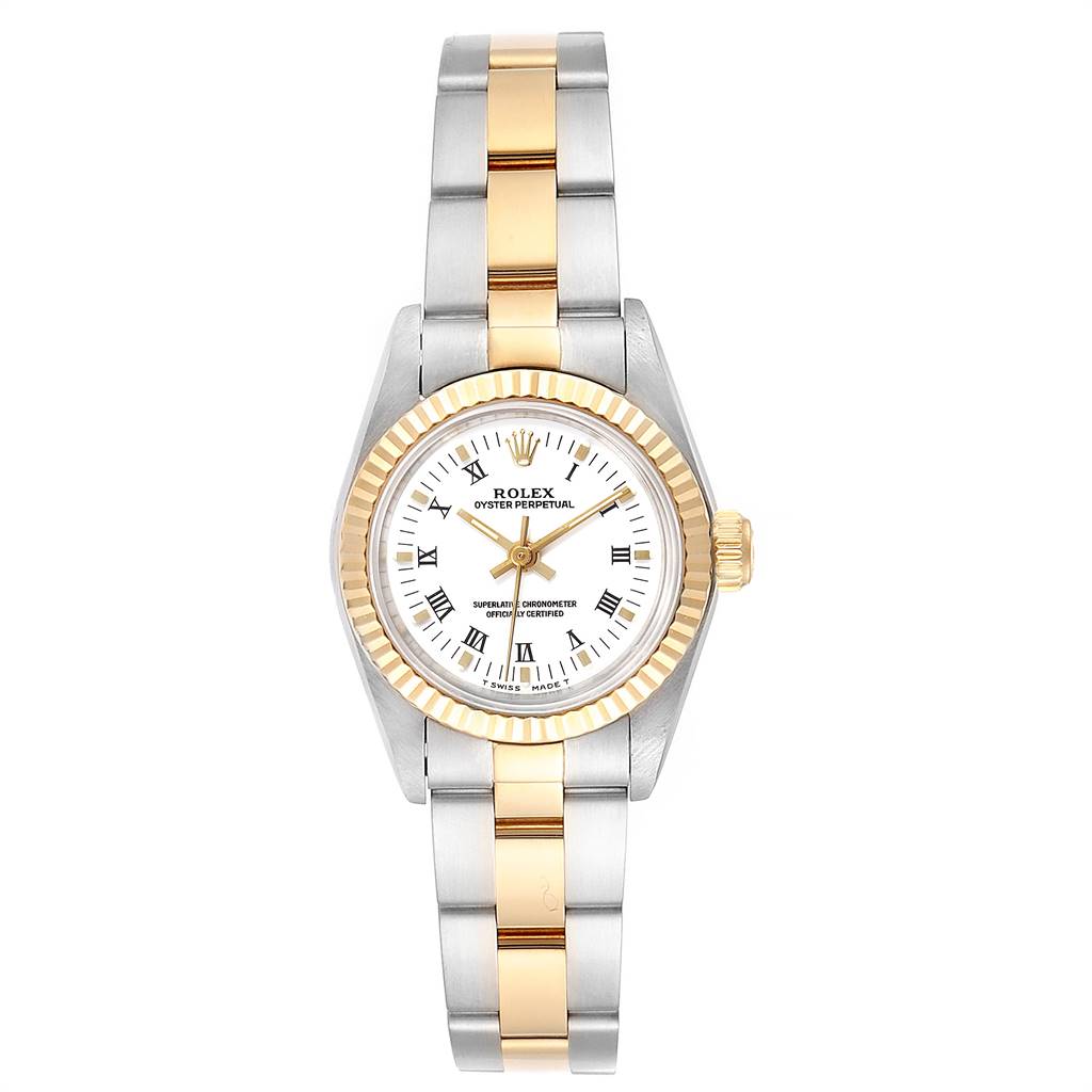 This image shows a frontal view of a Rolex Oyster Perpetual 67193 Women
s Steel and Gold (two tone) White Dial 67193 Women
s Steel and Gold (two tone) White Dial watch, highlighting the dial, bezel, and bracelet.